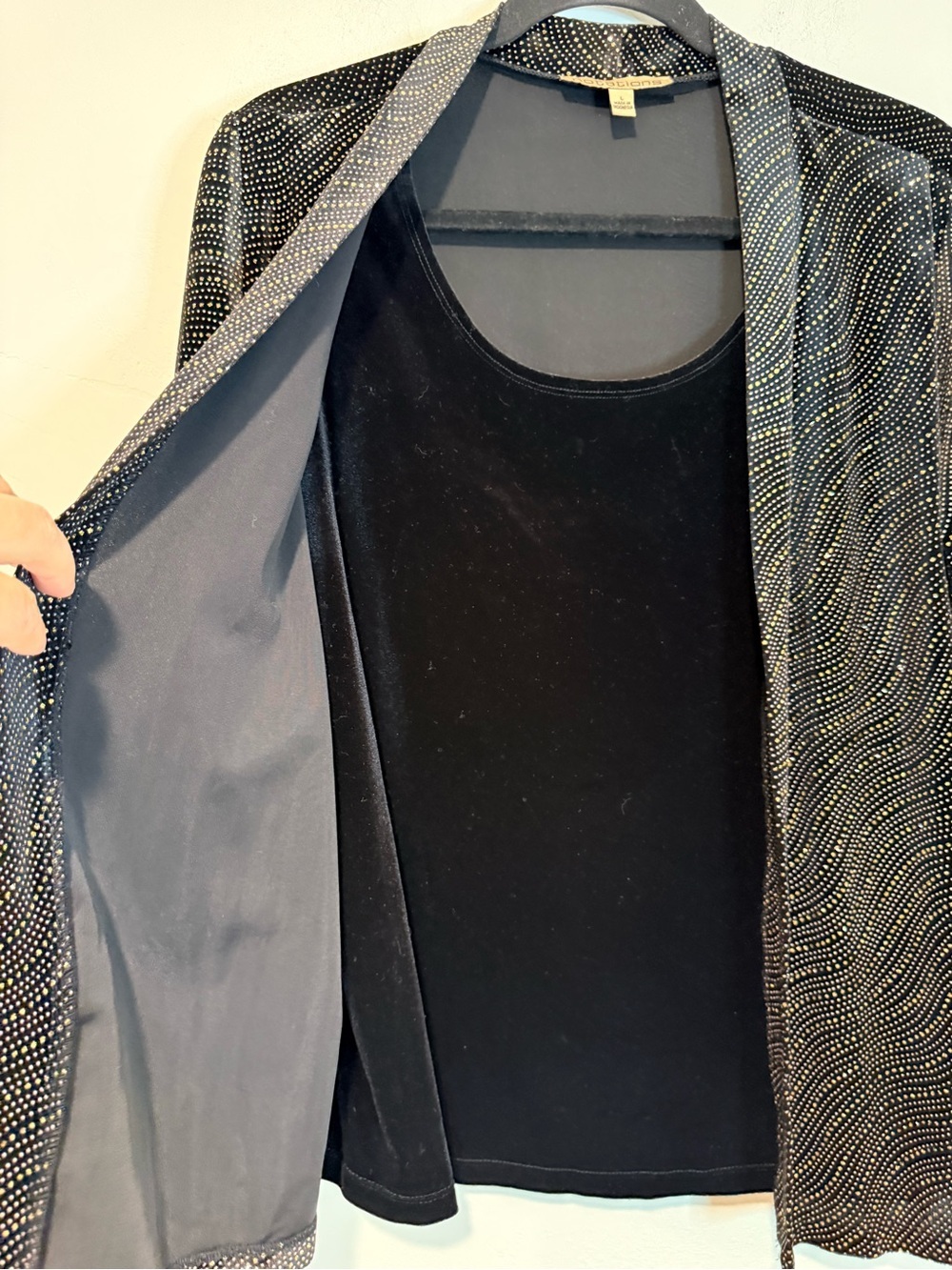 Notations Black Velvet Glitter Burnout Open Front Cardigan Twinset Large - Picture 5 of 8